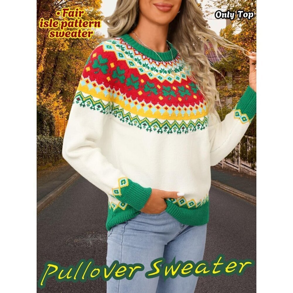 Womens Beige Christmas Sweater Lucky Clover Pattern Chunky Knit Holiday Pull - Picture 5 of 7